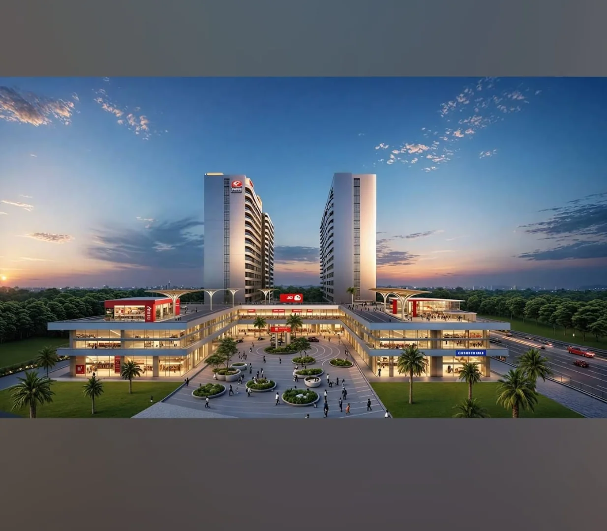 rendering of a hotel and casino complex with a sky background