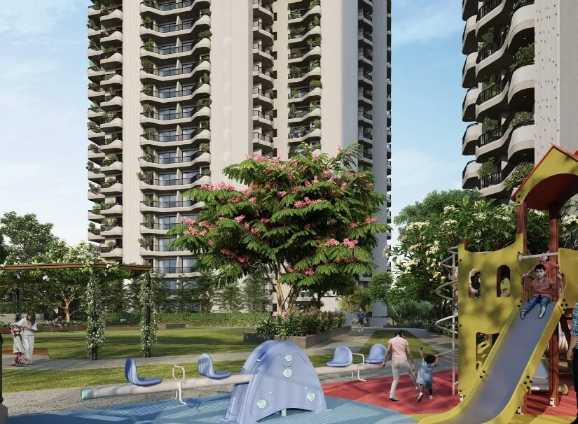 there is a playground with a slide and a slide in the middle