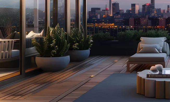 there is a couch and a table on a patio with a view of the city