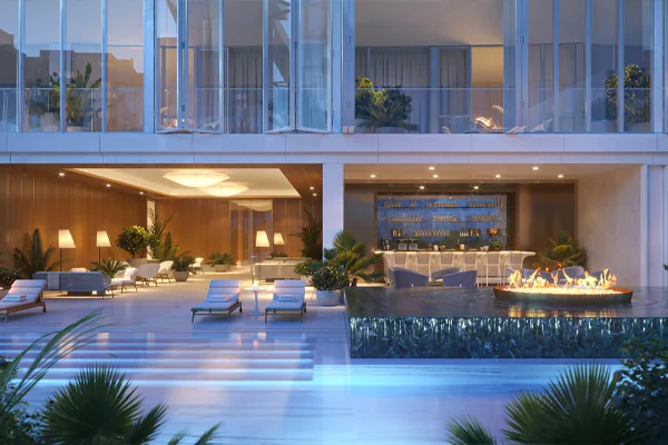 there is a large pool in the middle of a large building