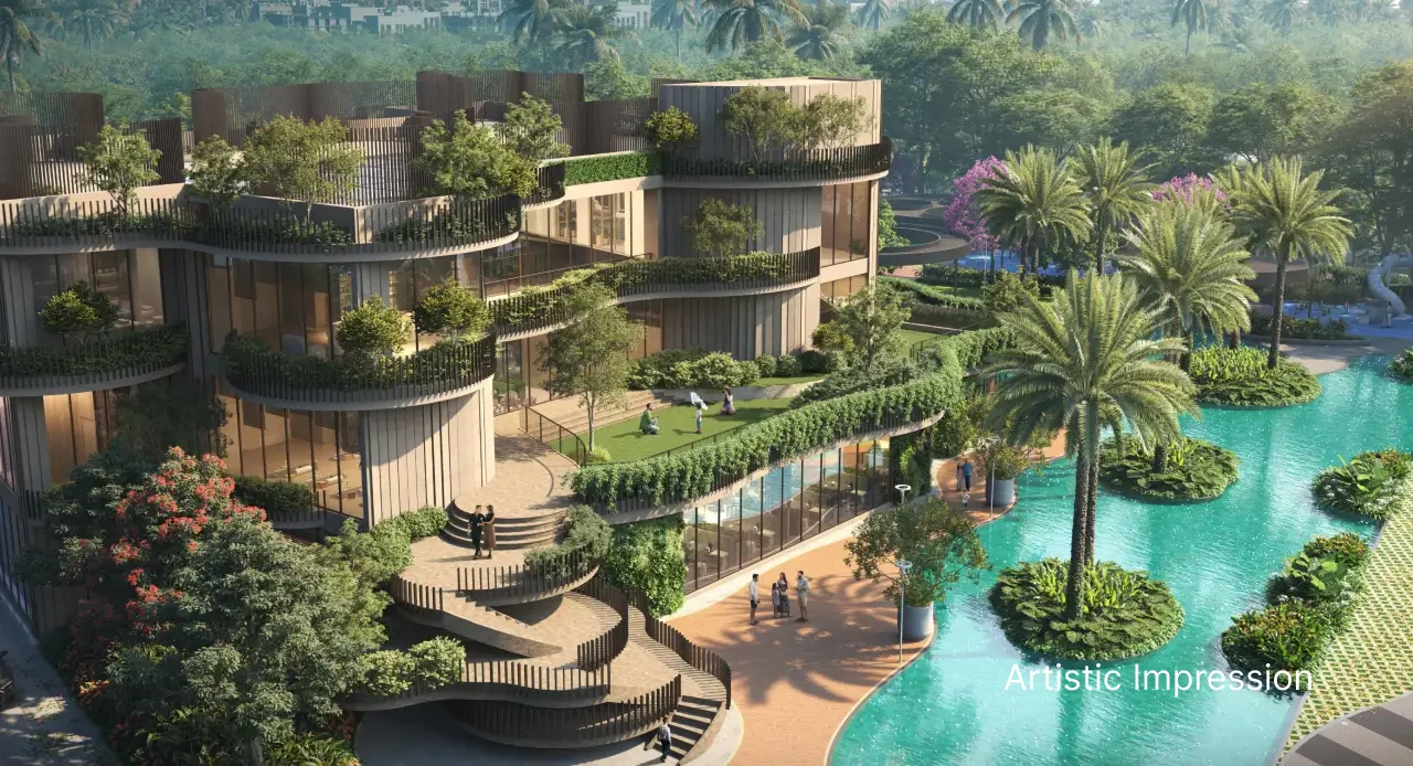 a rendering of a building with a pool and a waterfall