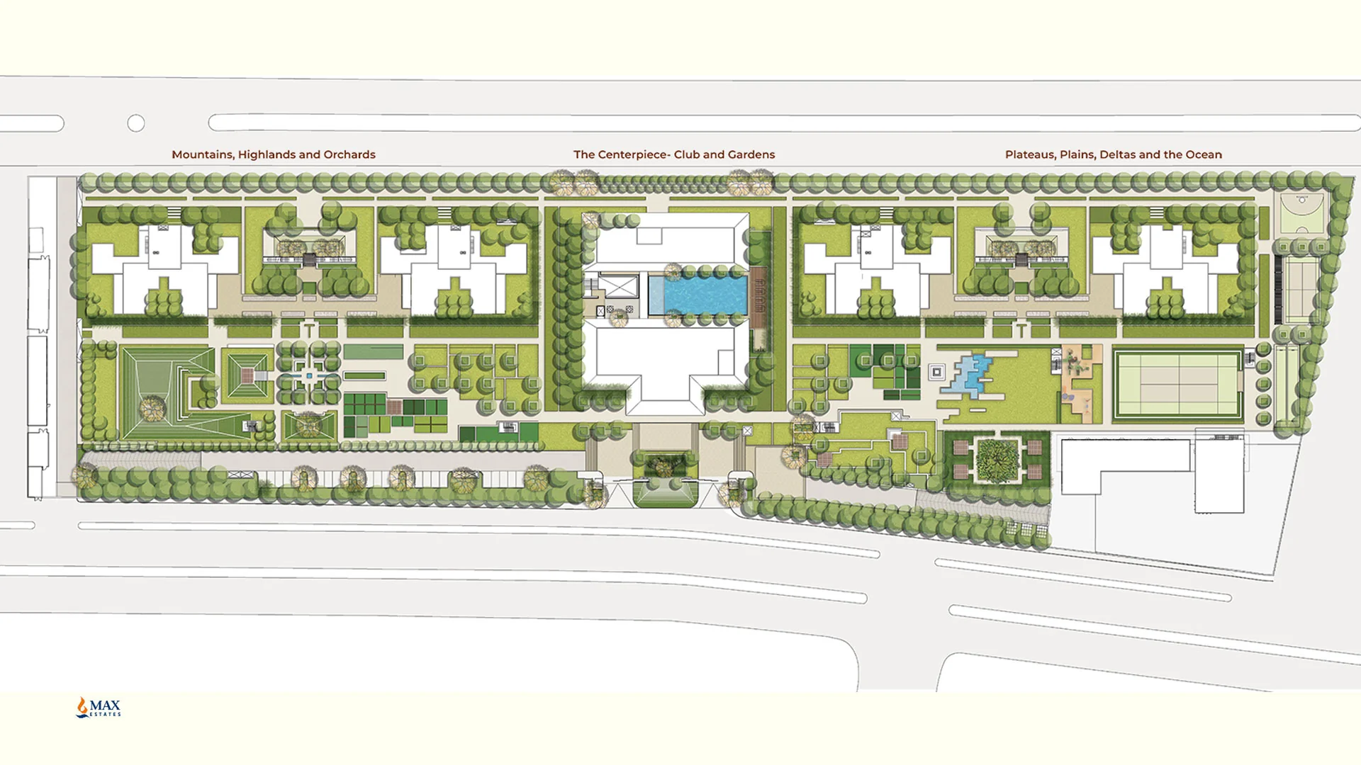a diagram of a plan of a residential complex with a pool