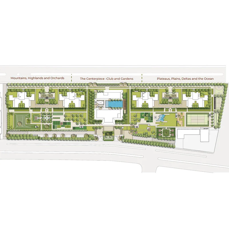 a diagram of a plan of a residential complex with a pool