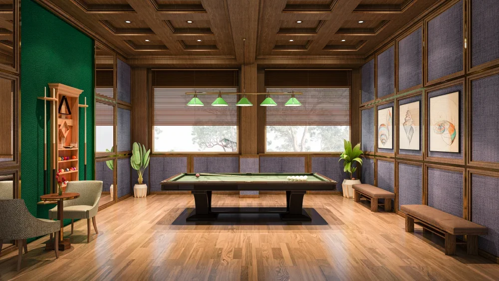 arafed room with a pool table and a bench in it