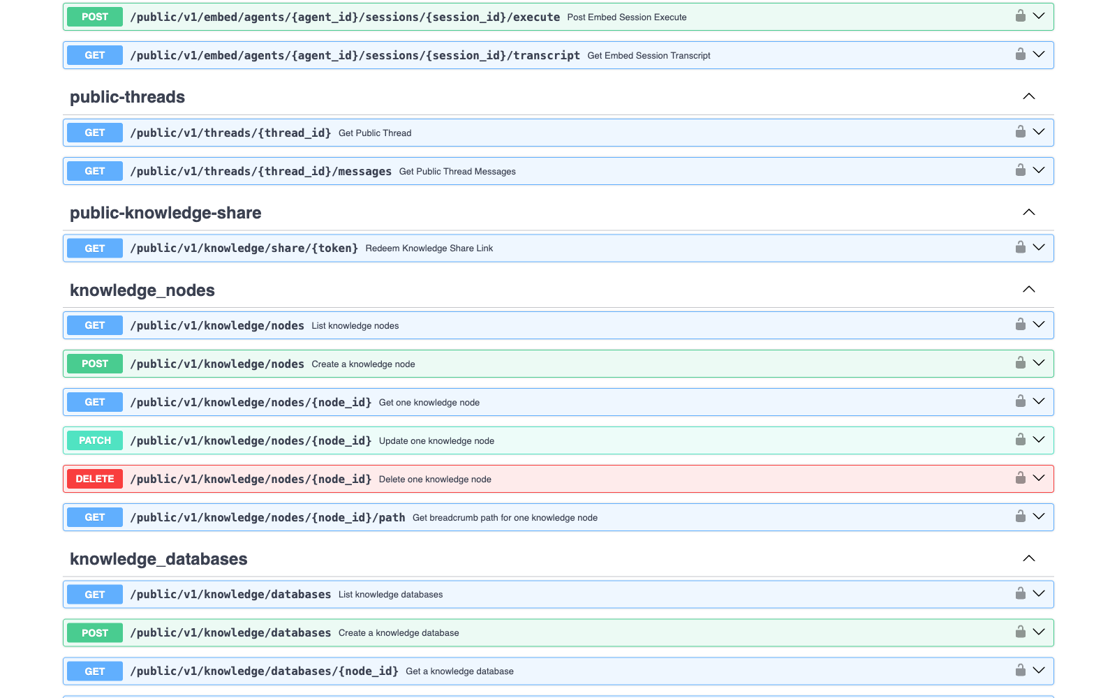 Zemu Public API の Swagger ドキュメントに、ナレッジ操作のエンドポイント一覧が表示されている画面