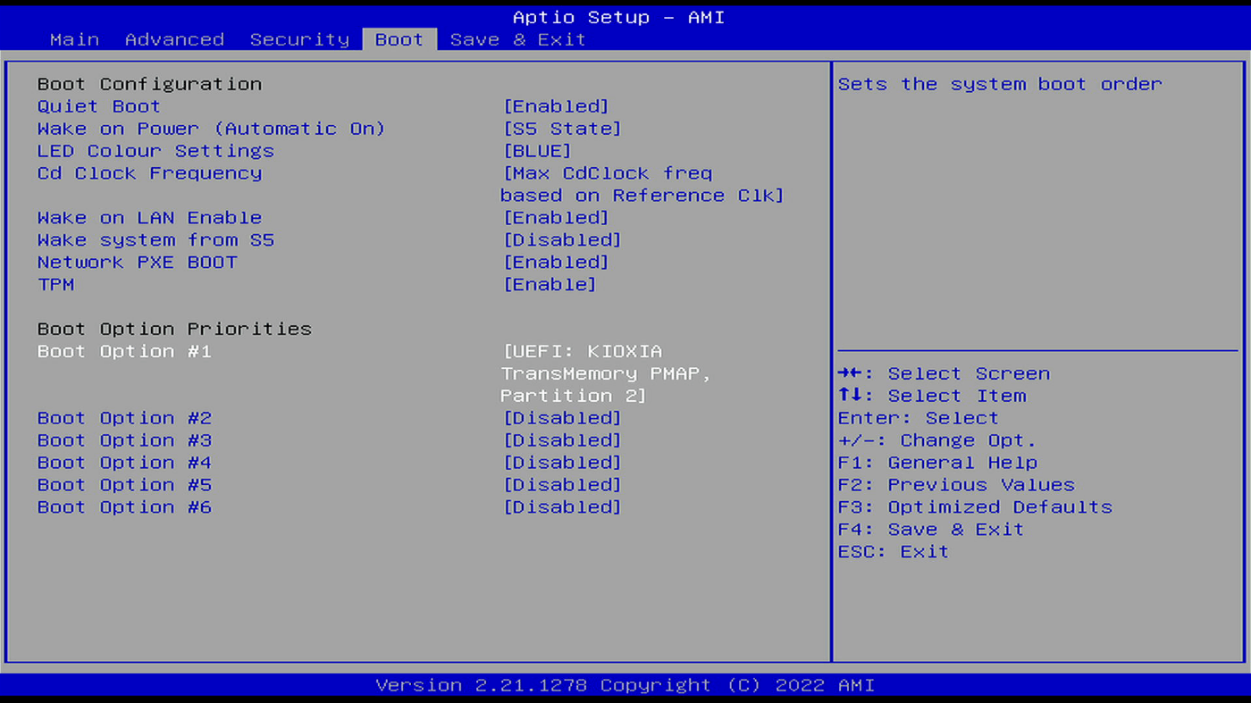 Boot オプション #1 が USB メモリに設定されている状態