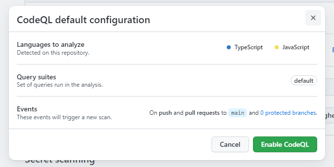 Code scanning をDefault で設定するときに表示されるダイアログのスクリーンショット