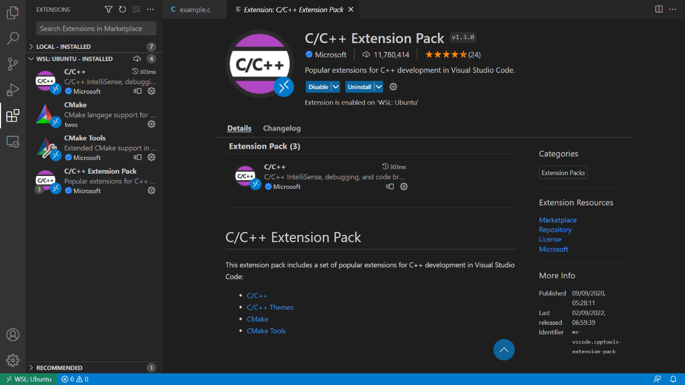 「C/C++ Extension Pack」を無事に追加できたときの画面