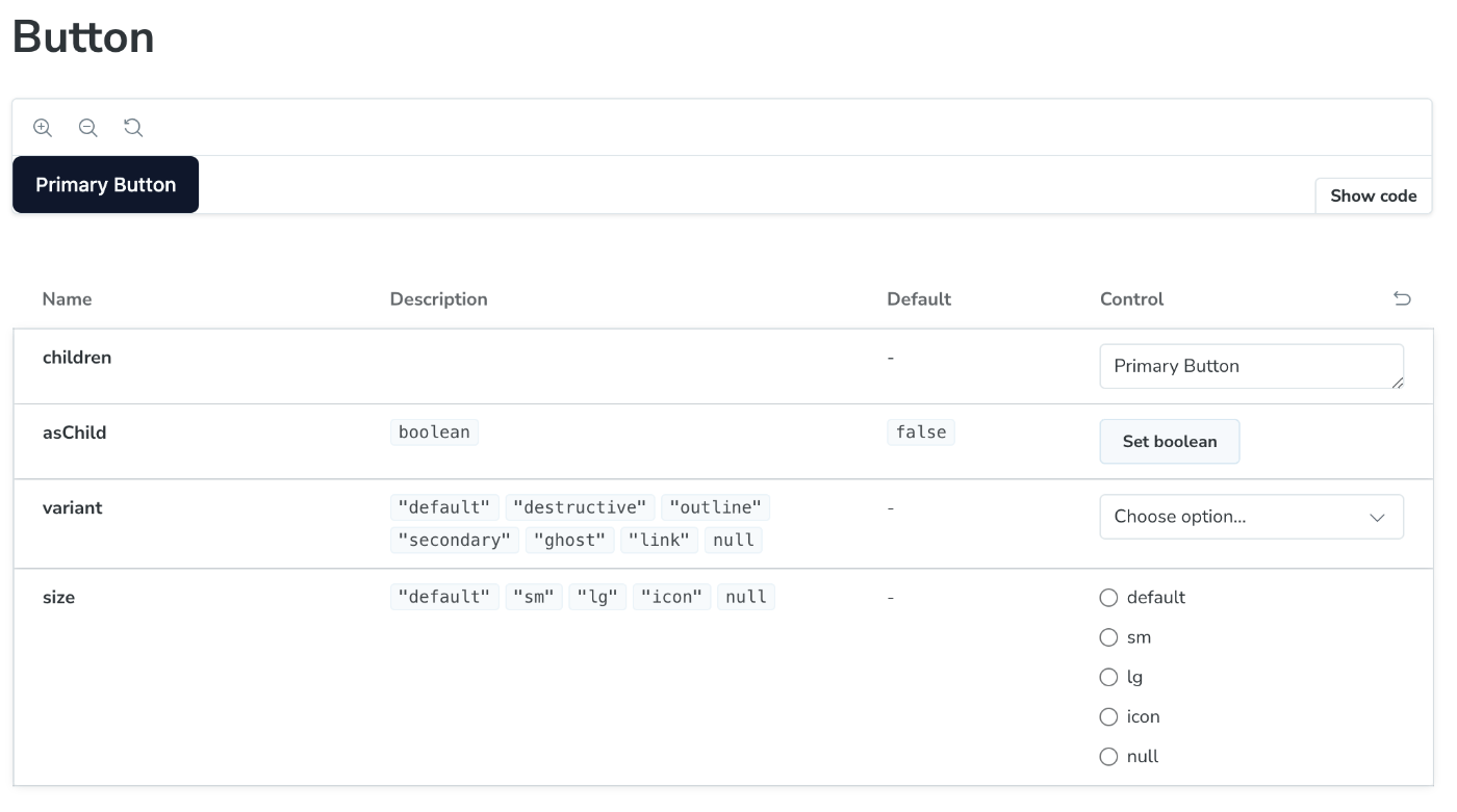 shadcn/uiのStorybook実行結果1