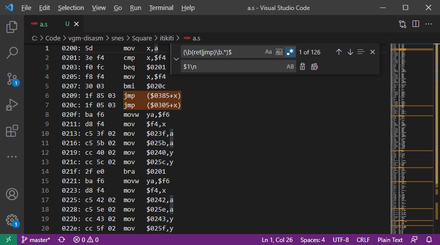 Put newline after ret/jmp instructions using the regular expression pattern