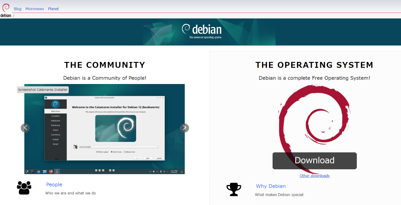 Debian 公式サイトのスクリーンショット