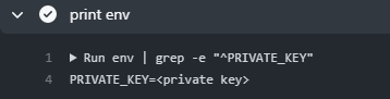 GitHub のウェブ UI でステップの実行結果に $PRIVATE_KEY の内容が表示されているスクリーンショット