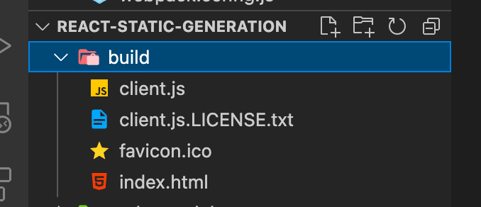 build ディレクトリに client.js, client.js.LICENSE.txt, favicon.ico, index.html が含まれている