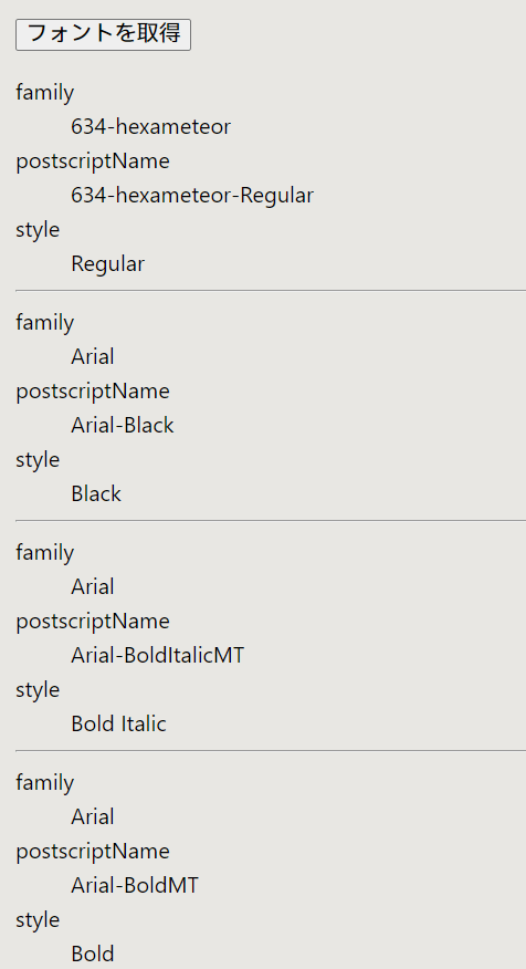 各フォントについて、、、の情報が表示されている