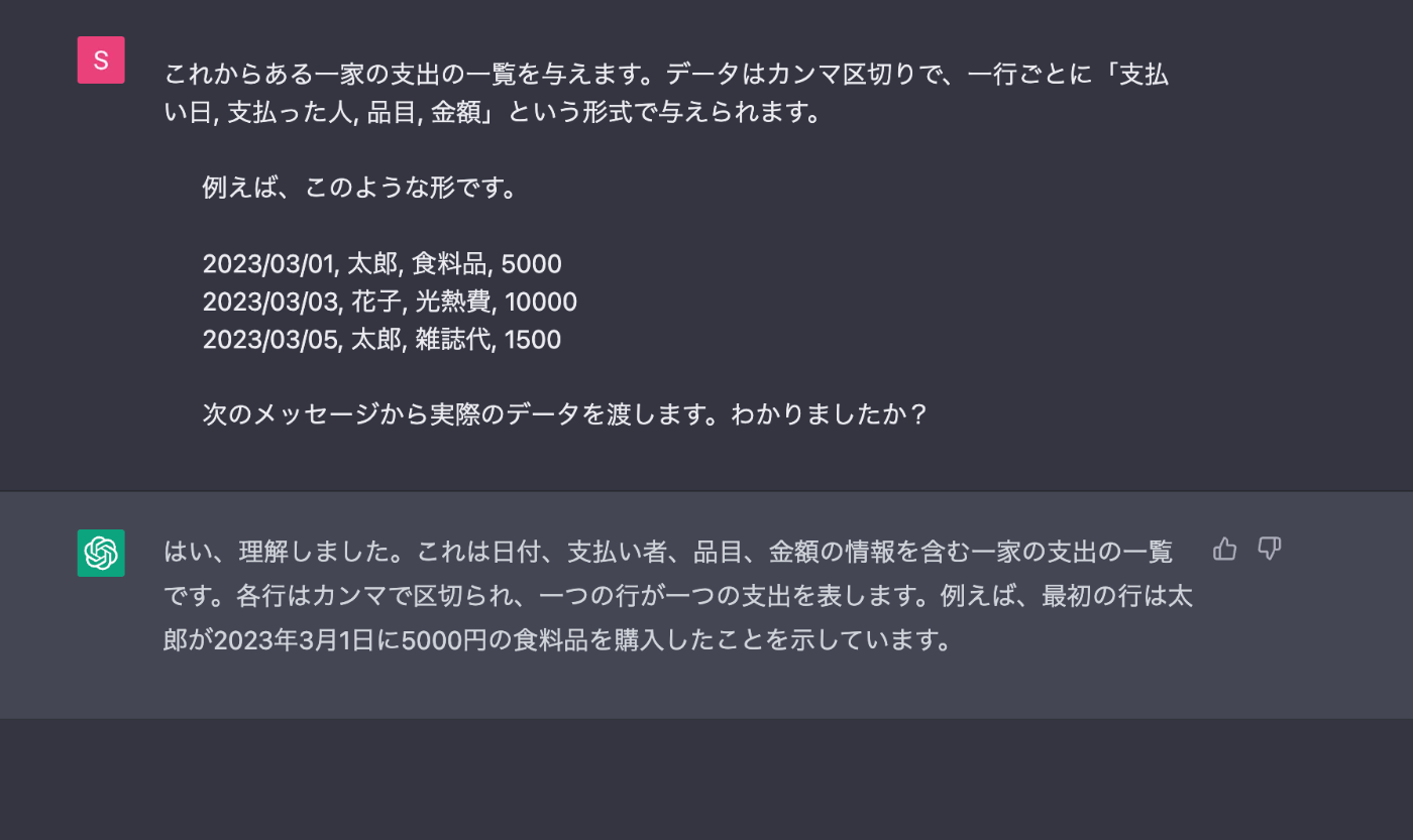 ChatGPTに、渡すデータの型を教えている様子