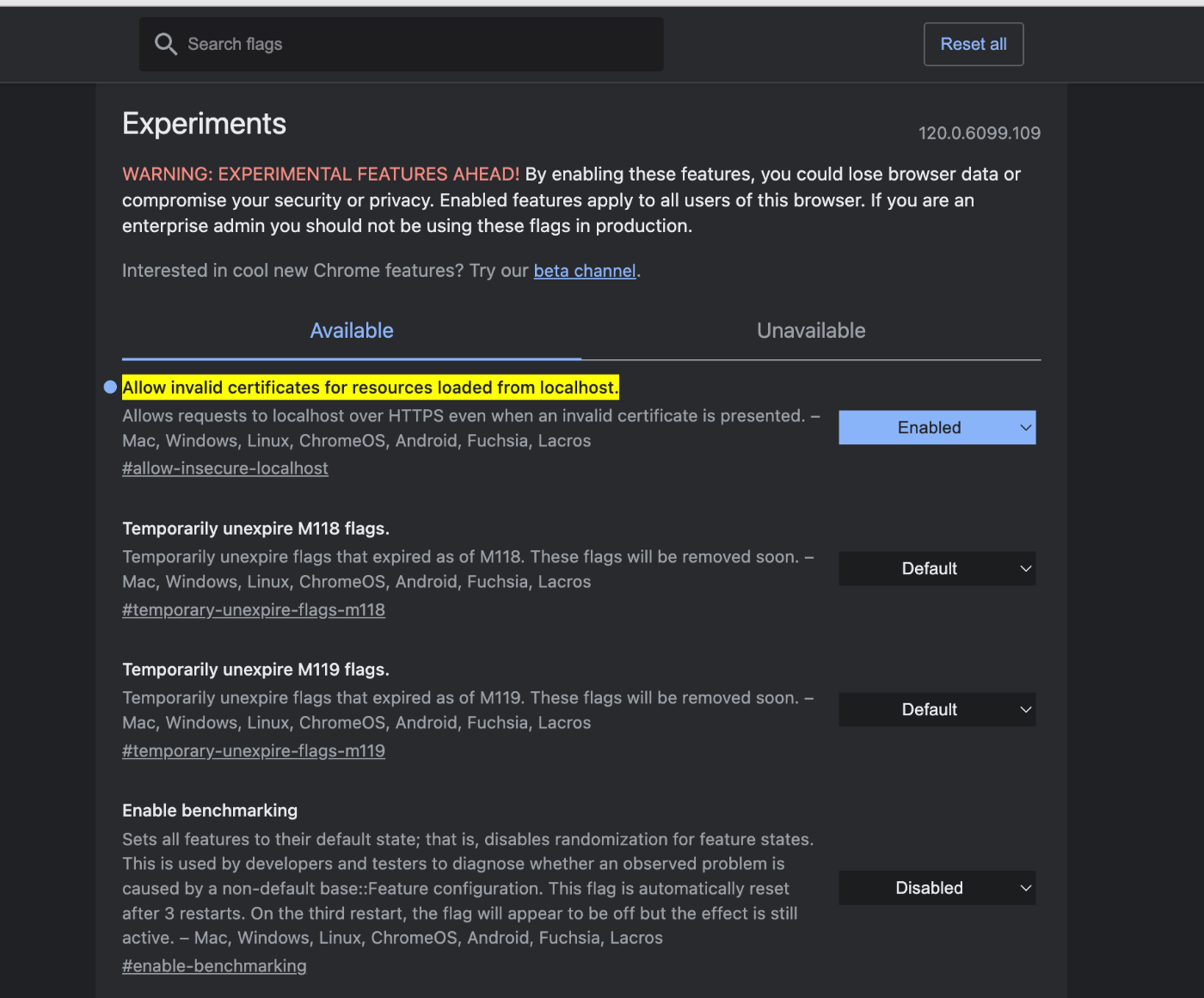 enable chrome flags allow insecure localhost
