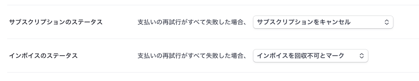 Stripeのダッシュボードの設定で決済失敗時の処理を選択できる