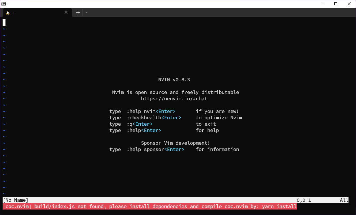 [coc.nvim] build/index.js not found, please install dependencies and compile coc.nvim by: yarn install`と下部に表示されるNeovim