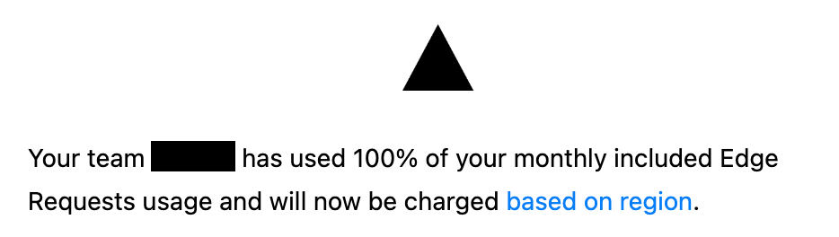 Your team XXXXXXX has used 100% of your monthly included Edge Requests usage and will now be charged based on region.