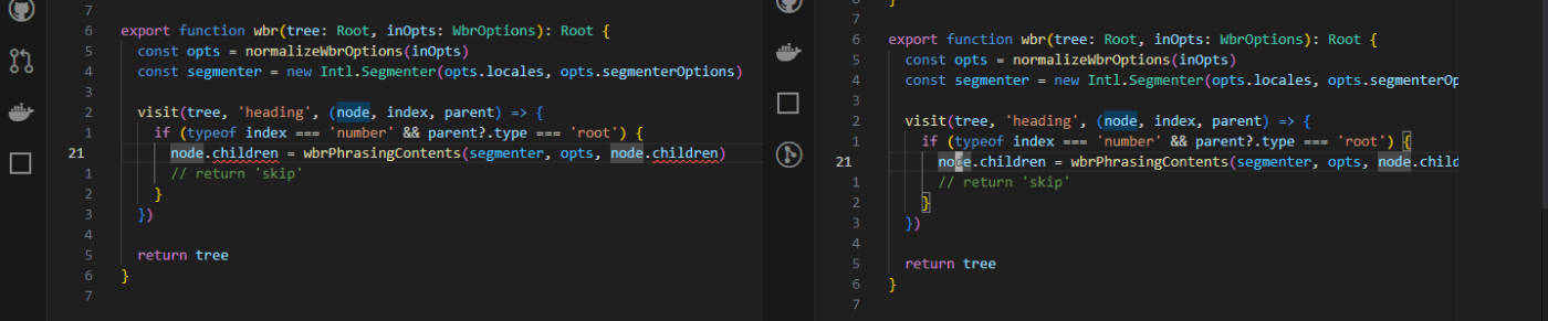 VSCode のウィンドウを 2 つ並べて、左側はエラーが表示されているスクリーンショット