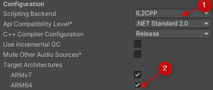 Scripting BackendとTarget Architecturesを設定