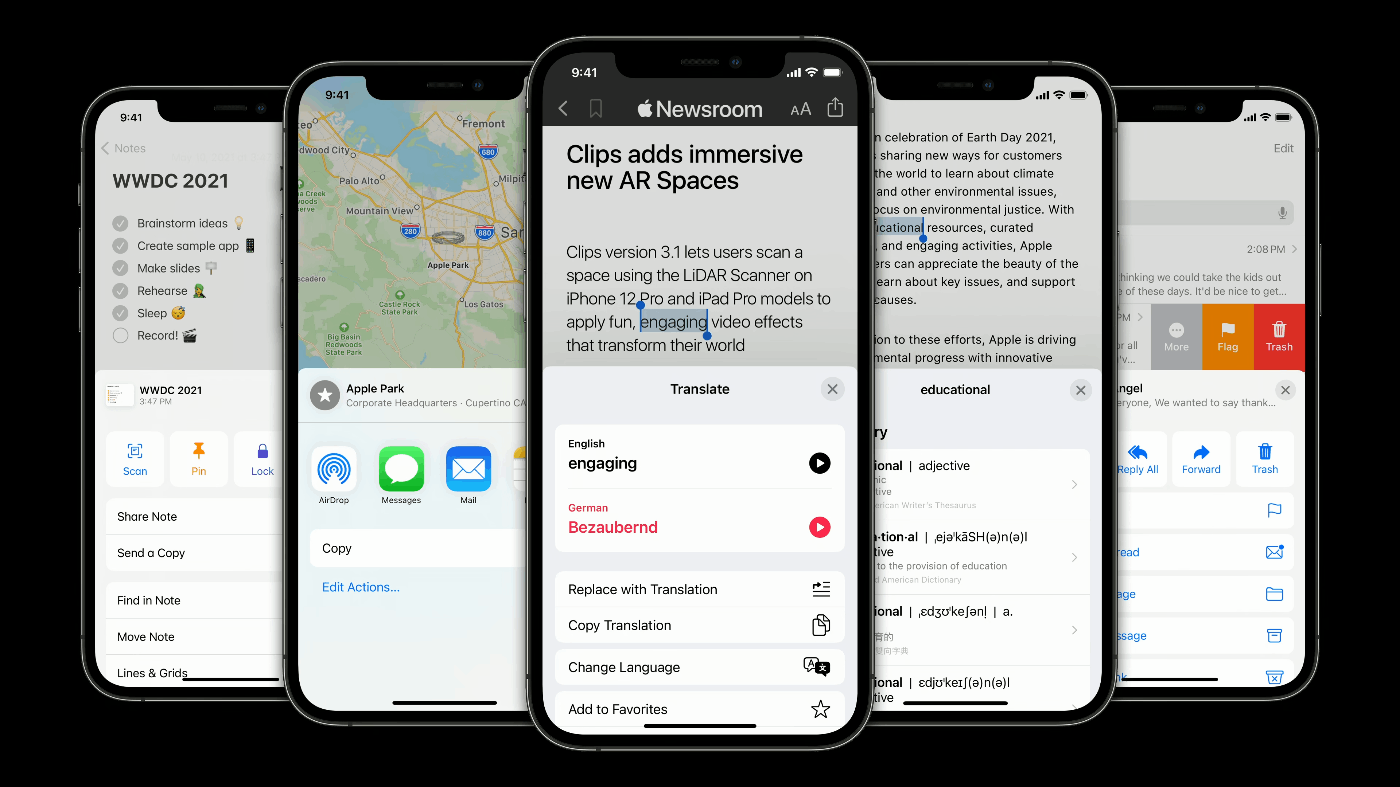 黒色の背景にベゼルがついたiOSの画面が横に5つ並んでおり、左からメモ、マップ、Safari、Reader、メールが表示されている。いずれの画面もテキスト選択やメールのスワイプジェスチャなどのアクションが行われている最中であり、画面下半分にコンテンツにかぶさる形でアクションメニューが表示されている。