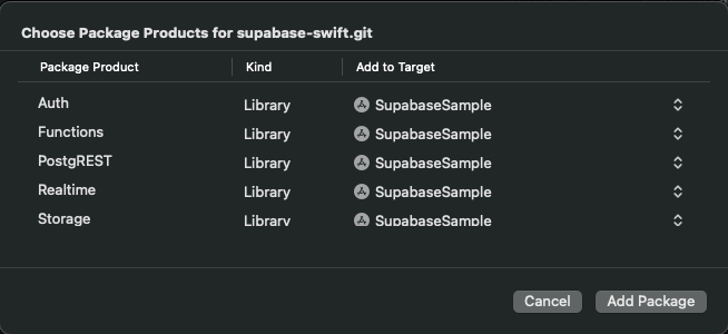 Supabase Swift Package追加画面