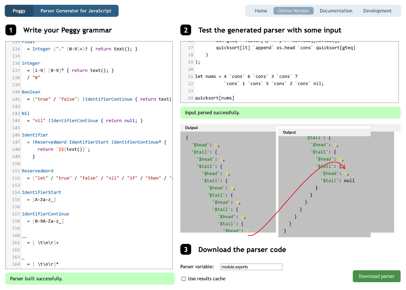 Input: quicksort[nums], Output: {'tail': {'tail': {'tail': {'tail': {'tail': {'tail': {'tail': null}}}}}}}