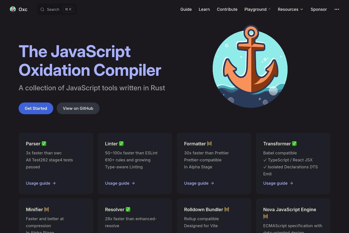 Oxcの公式ウェブサイトのスクリーンショット。"The JavaScript Oxidation Compiler" というタイトルがあり、その下に「Parser ✅」「Linter ✅」「Formatter 🚧」「Transformer ✅」「Minifier 🚧」「Resolver ✅」「Rolldown Bundler 🚧」「Nova JavaScript Engine 🚧」の8つのカードが並んでいる