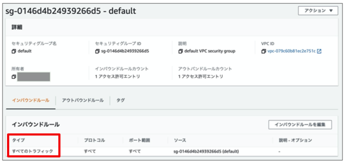 インバウンドルールでは、タイプがすべてのトラフィックとなっており、HTTPに限らず、全ての通信種類が許可されています