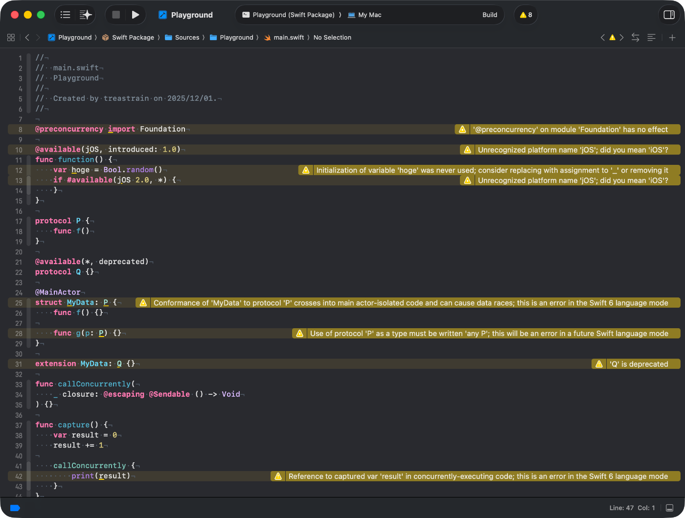 Swift のビルド時の「警告」をすべて「エラー」にして ⚠️ の数をゼロ