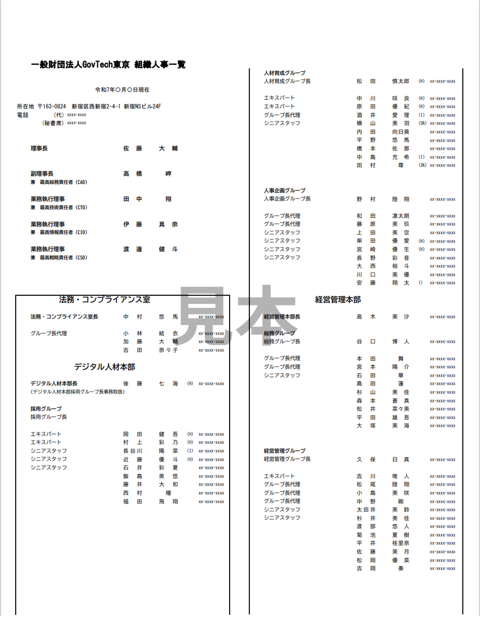 一般財団法人GovTech東京の組織人事一覧の文書。理事長や副理事長、各本部長など役職者の名前、所属部署（人材育成グループ、法務・コンプライアンス室、デジタル人材本部、経営管理本部など）、さらにエキスパートやシニアスタッフの氏名と電話番号が表形式で並んでいる。中央には大きく『見本』の透かし文字。