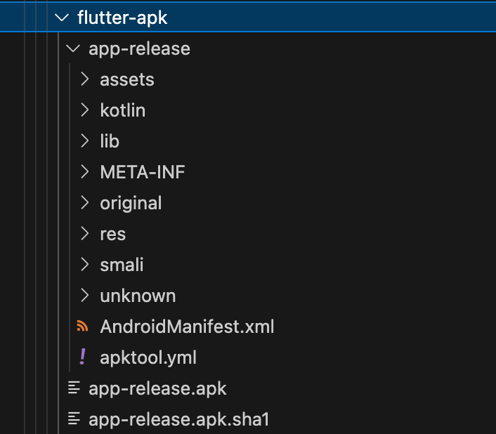 apktool d をした直後のfutter-apkフォルダ