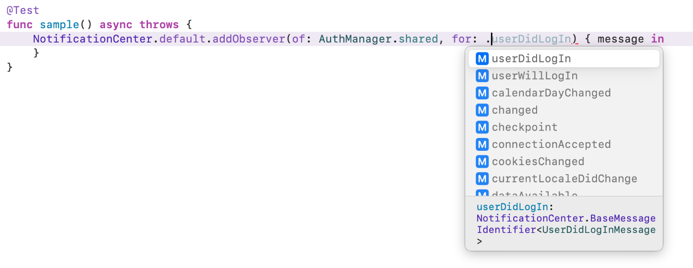 XcodeでMessageIdentifierのコード補完をしているスクリーンショット