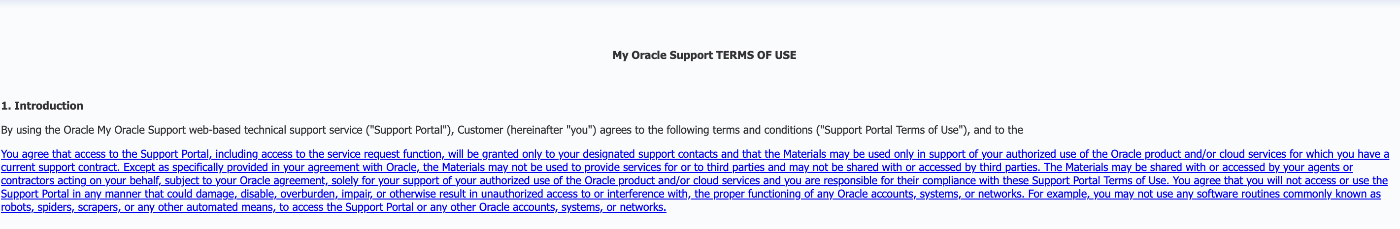 Oracleサポートページのtermsページ