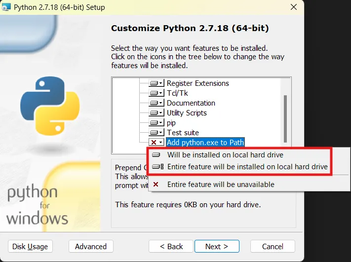 Pythonインストーラーの変更すべき選択肢