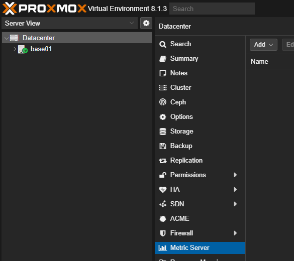 PVEのMetrics Server設定画面