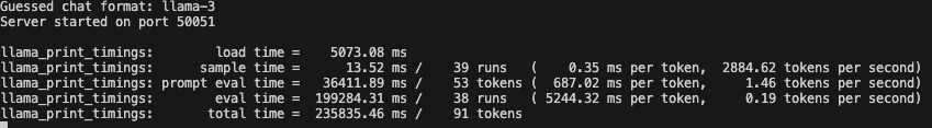 実行時の処理時間。合計で235835.46ms / 91 tokens