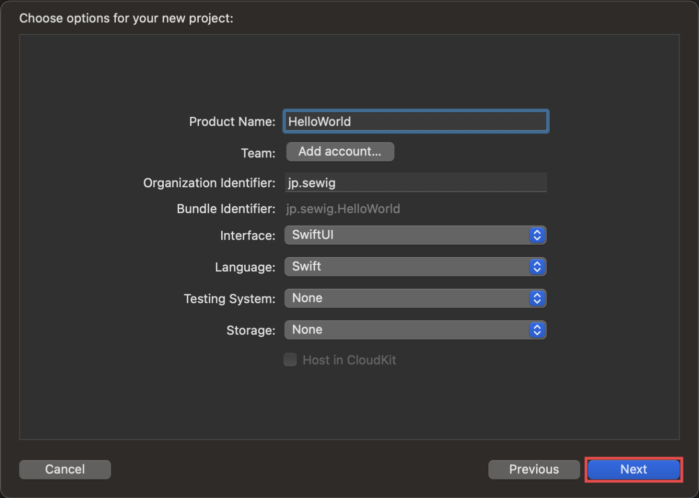 Choose options for your new project