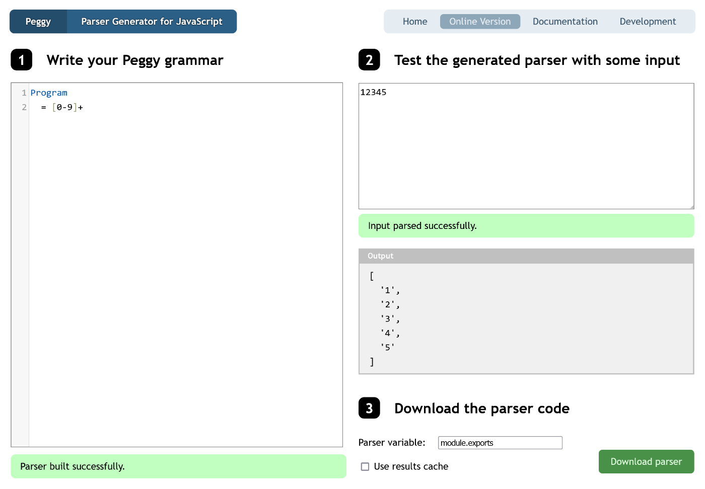 Input parsed successfully. Input: 12345, Output: ['1', '2', '3', '4', '5']