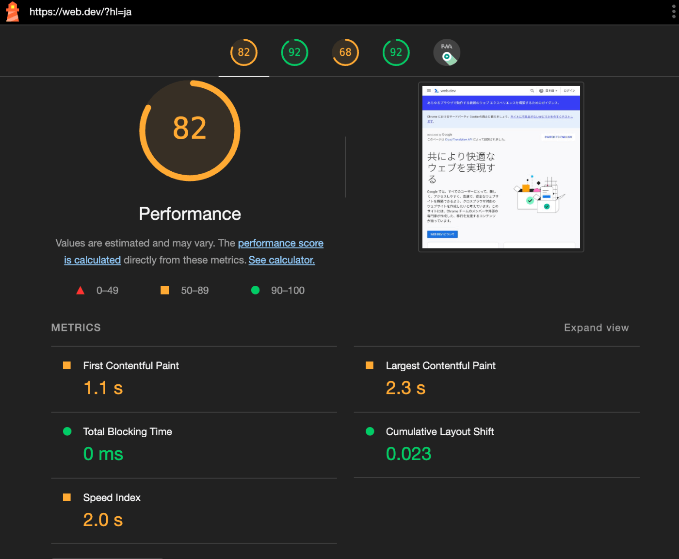 web.devのホームページのLighthouseスコア