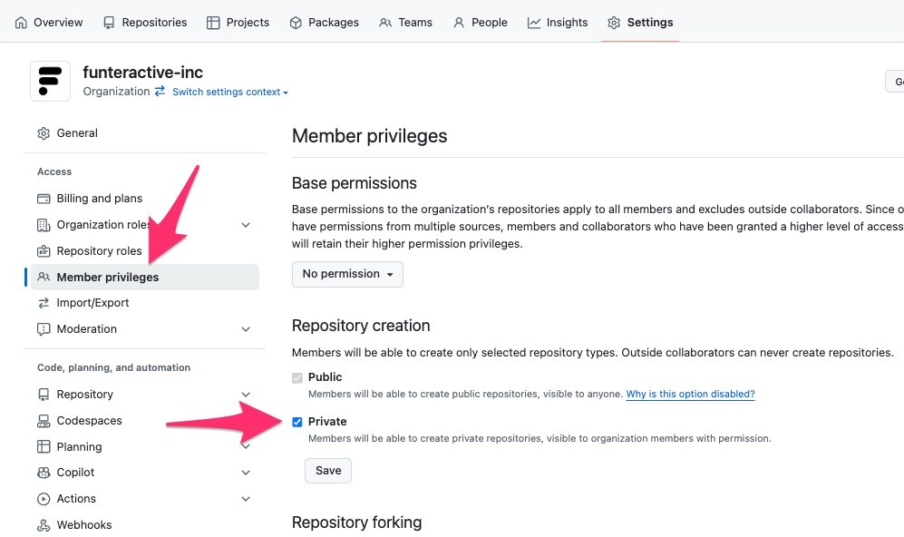 OrganizationのSetting > Member privileges > Repository creationからPrivateを作成可能にする