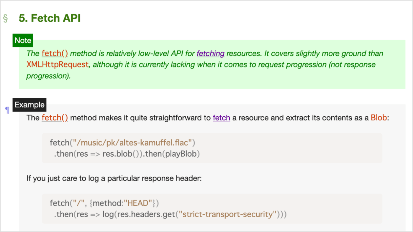 Fetch Standard の 5. Fetch API のスクリーンショット