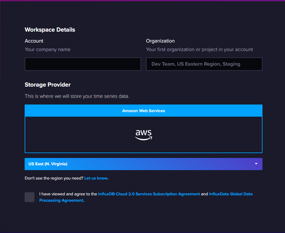 InfluxDB Cloudの初期設定画面