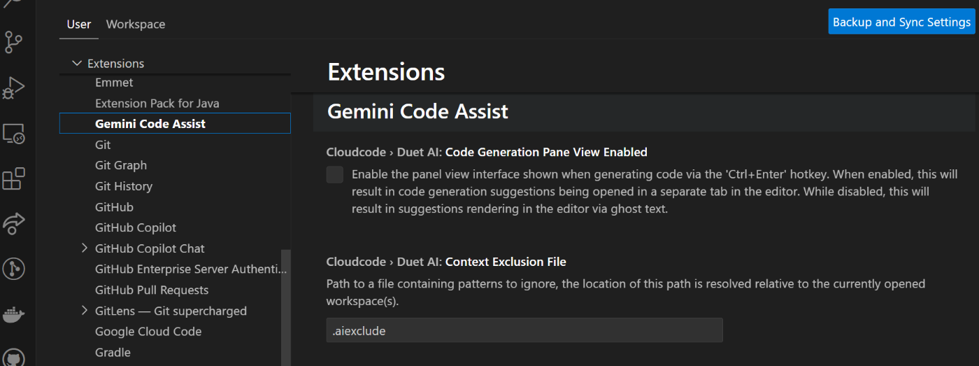 コンフィグ画面（Gemini Code Assist）