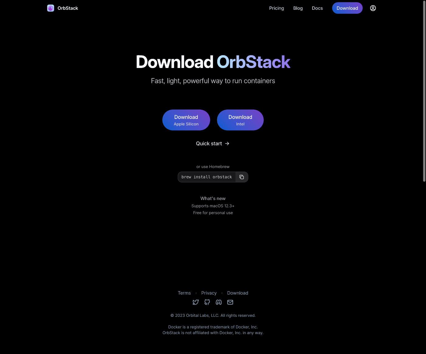 orbstackのダウンロードページのスクリーンショットです