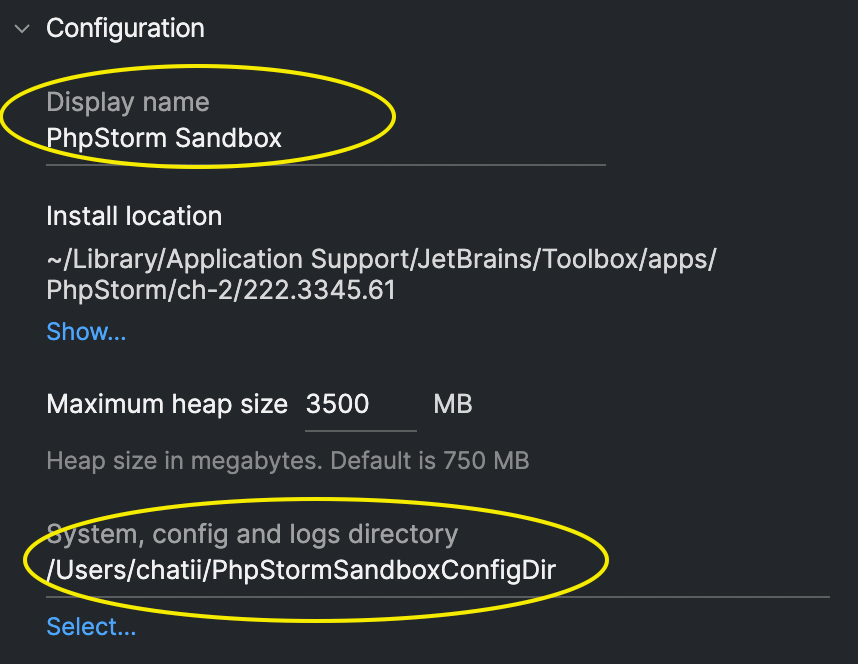 PhpStorm の変更する設定項目、Display Name と 設定ディレクトリ