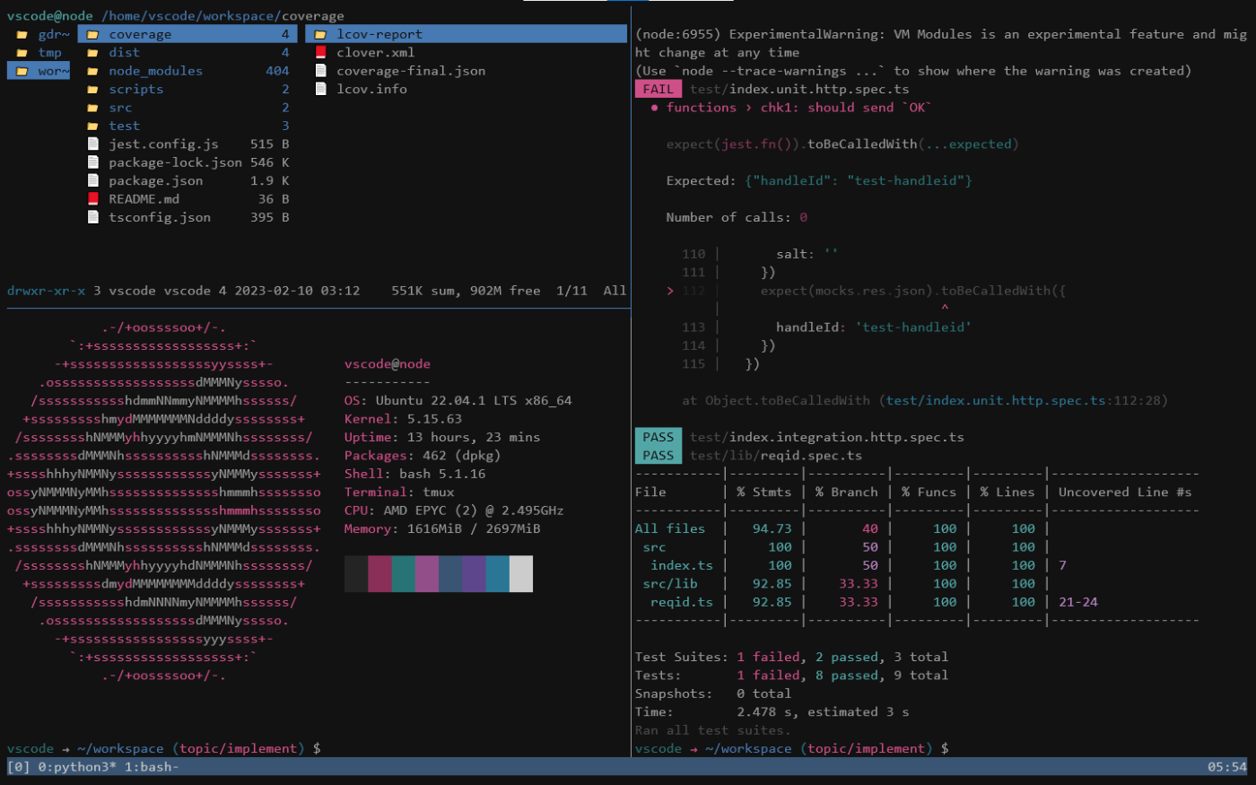 Windows Terminal 上で tmux を利用し "ranger" "neofetch" "npm run test" を実行しているスクリーンショット