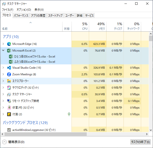 タスクマネージャーより同じインスタンスでExcelが開かれている状態。Excelのプロセス配下に2つファイルがある。