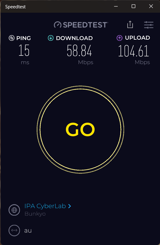 Download 58Mbps Upload 104Mbps Ping 15ms